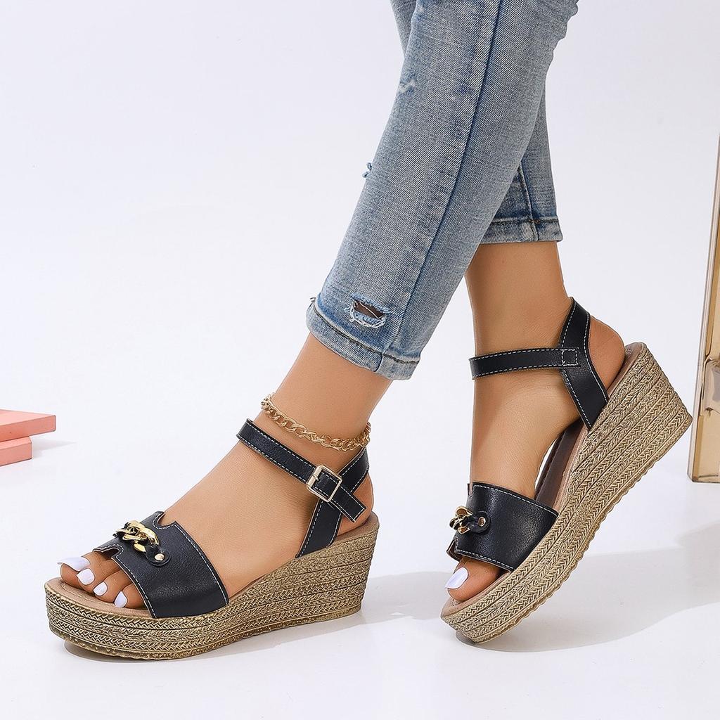 New wedge heel sandals women's large size chain high heel buckle with fish mouth open-toed women's shoes