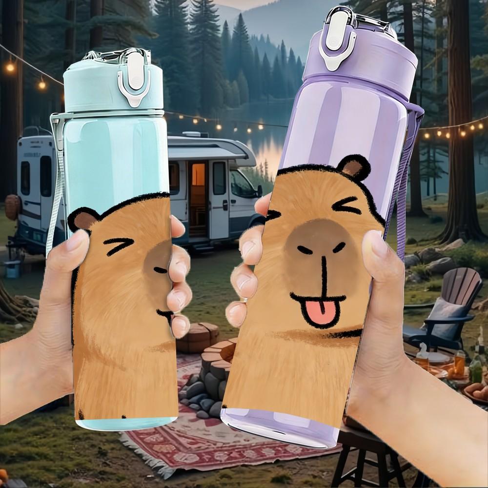 1PC Waving Capybara Cute Animal Print 750ml Color Plastic Sports Water Bottle Leakproof Flip Straw Lid Suitable for Sports Office Home Use
