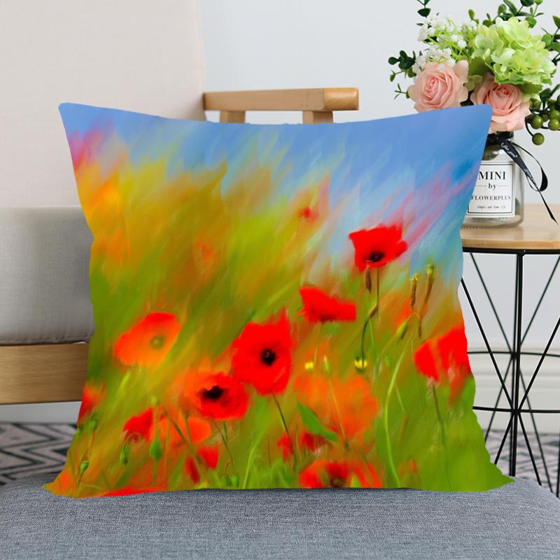 Red Poppy Flower Print Pattern Pillow Case Home Living Room Sofa Bedroom Decoration Soft Throw Square