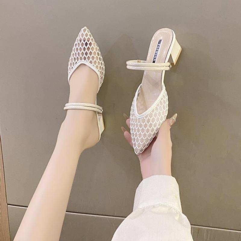 

2025 Summer Sexy Pointed Toe Sandals Thin Strap Mulles White Yellow Women Shoes Elegant Women Fashion Square Heels Slippers 35 грязно-белый