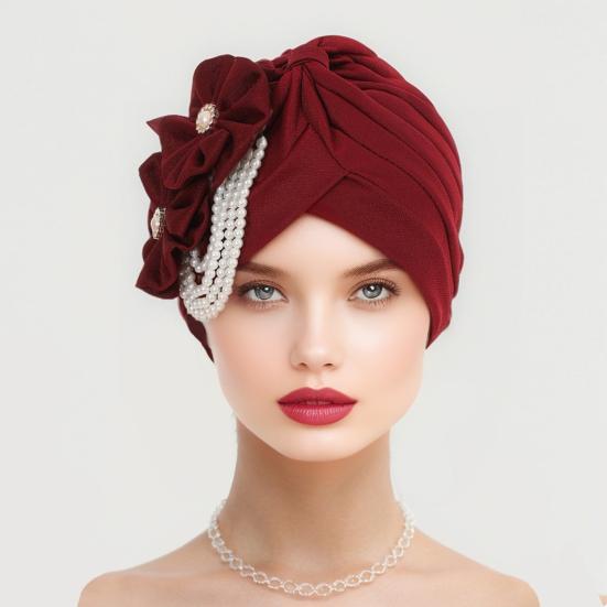 Women Headscarf Hat Imitation Pearls Flower Decor Turban Hat Solid Color Stretchable Fit Headband Sleep Hat