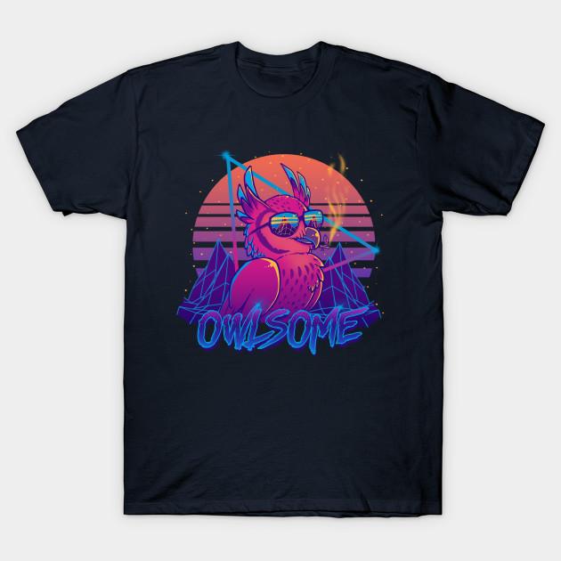 Men Black Print T-shirt Owlsome - Owl Awesome Bird Retrowave 80S No-Cut Transfer Paper Print Cotton Tshirt S тёмно-синий