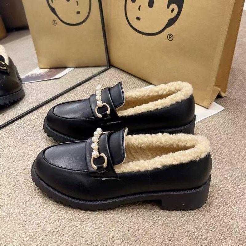 Small Leather Shoes Winter New Fluffy Shoes Thickened One Pedal Doudou Shoes Women Velvet Women