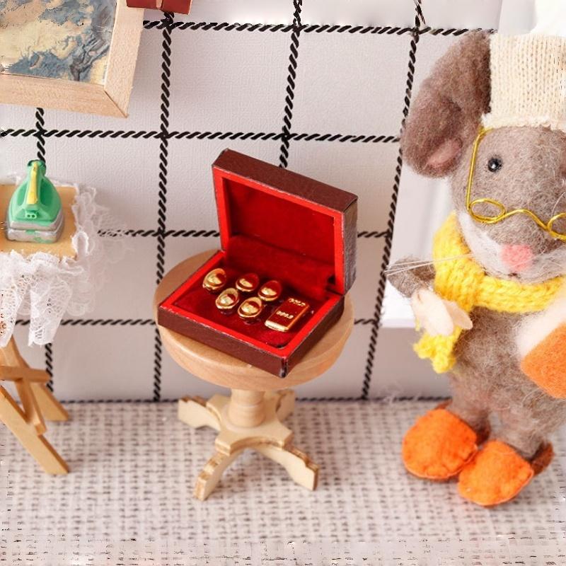 1 Set Vintage Jewelry Case 1:12 Dollhouse Miniature Accessories Mini Wooden Jewelry Box Model Toys For Doll House Decoration
