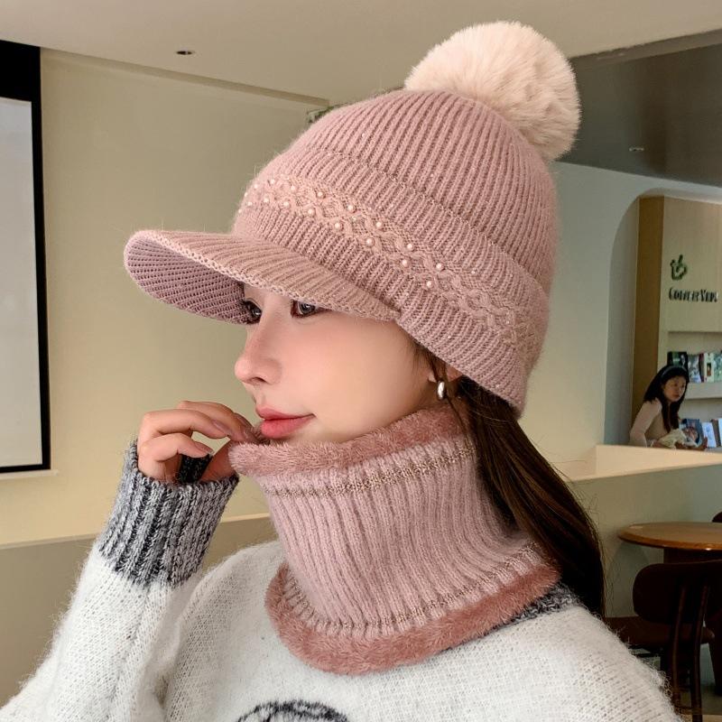 Rabbit Fur Blend Hat Scarf Fleece Warm Duck Tongue Wool Hat Women's Outdoor Wind and Cold Scarf Cover Knitted Hat