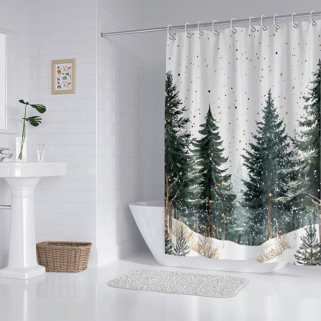 1Pc Pine Forest Print Waterproof Shower Curtain Bathroom Partition Door Curtain Privacy Protection With 12 Hooks Multiple Sizes
