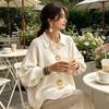 Women Casual Sweater Oversized Knit Cardigan Sweater, Collared Top with Large Metal Loose Buttons, Lantern Sleeve for Spring Autumn Button Front