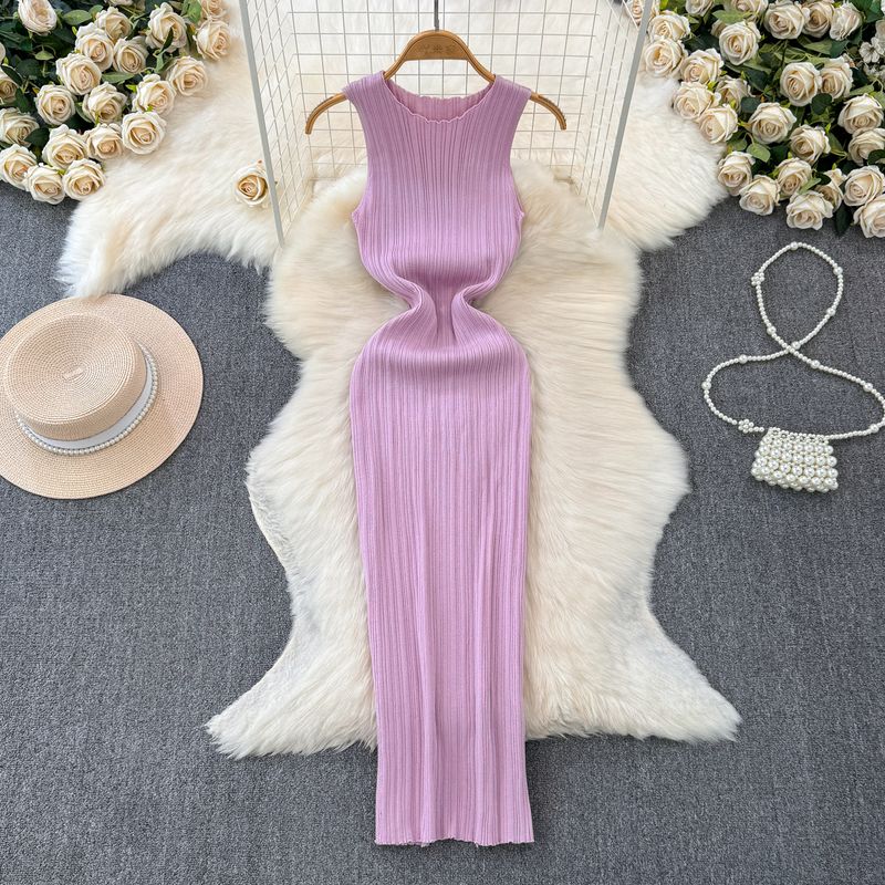 

Fashion Sexy Style Sleeveless Knitting Dress Women s Summer Tight Waist Slim Looking Pure Color Stylish Niche Style Beautiful Dress Purple One size