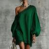 Women Off One Shoulder Loose Mini Dress, Batwing Long Sleeve Lace Trim Club Party Cocktail Dress, Summer Vacation Wedding Guest Dress