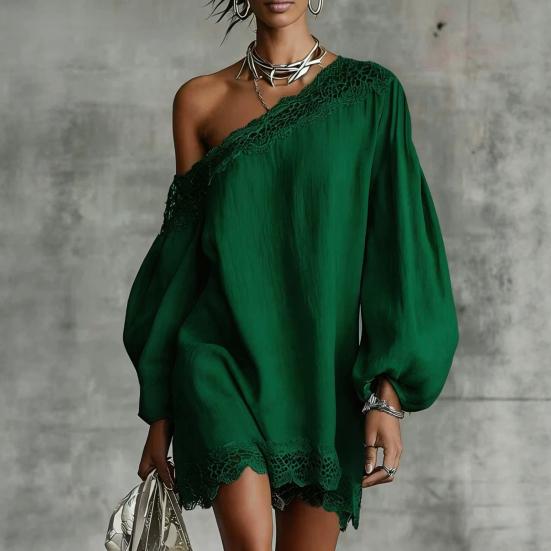 Women Off One Shoulder Loose Mini Dress, Batwing Long Sleeve Lace Trim Club Party Cocktail Dress, Summer Vacation Wedding Guest Dress