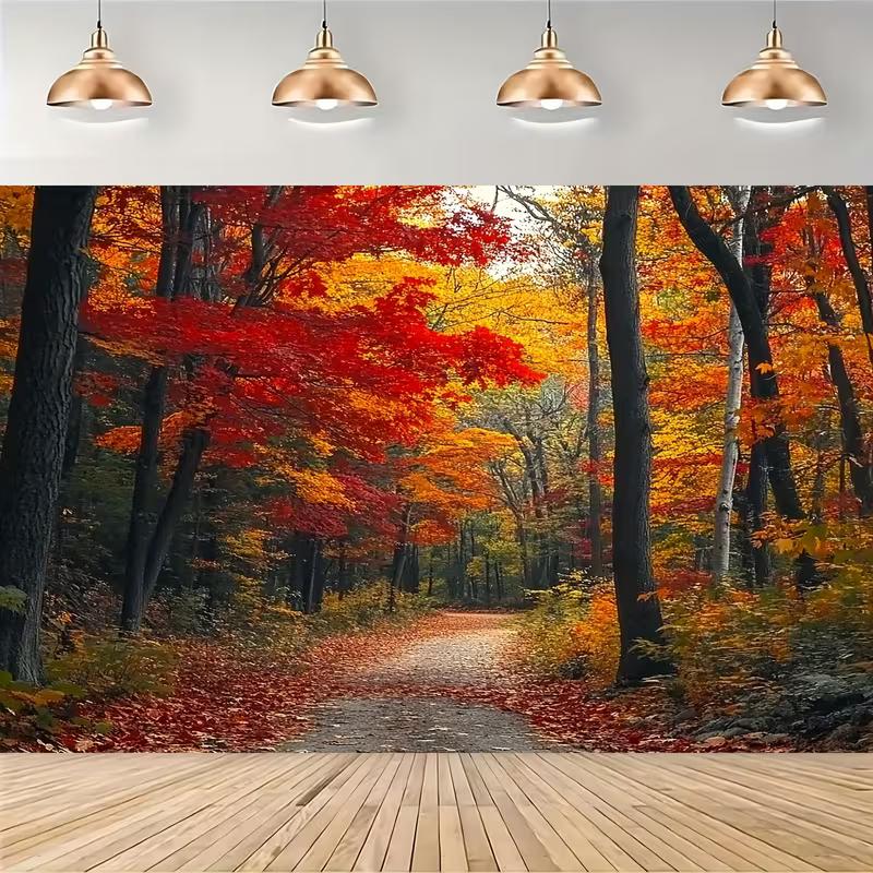 2D Vibrant Autumn Maple Forest Path Photography Background