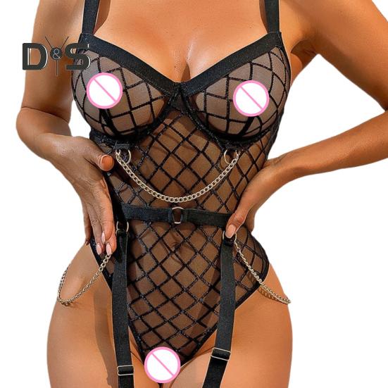 Women Bodysuit Backless Sleeveless Hollow Out Fishnet Push-up Gra Thin See-through Lace Spaghetti Strap Skinny Lady Wedding Night Playsuit