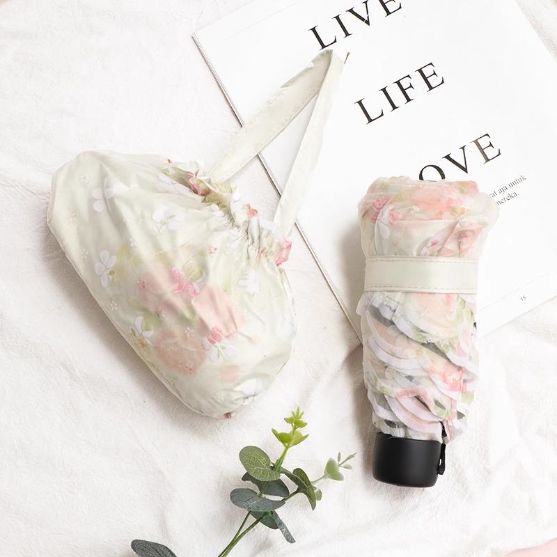 Double Layered Mini Five Fold Umbrella Embroidered with Flowers Black Glue Sun Protection UV Protection Rain Sunny Dual-purpose Sun Umbrella