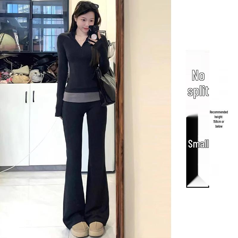 Korean Style High Waist Black Flare Pants for Women - Slimming Wide Leg Suit Pants for Spring and Autumn (Petite 145)