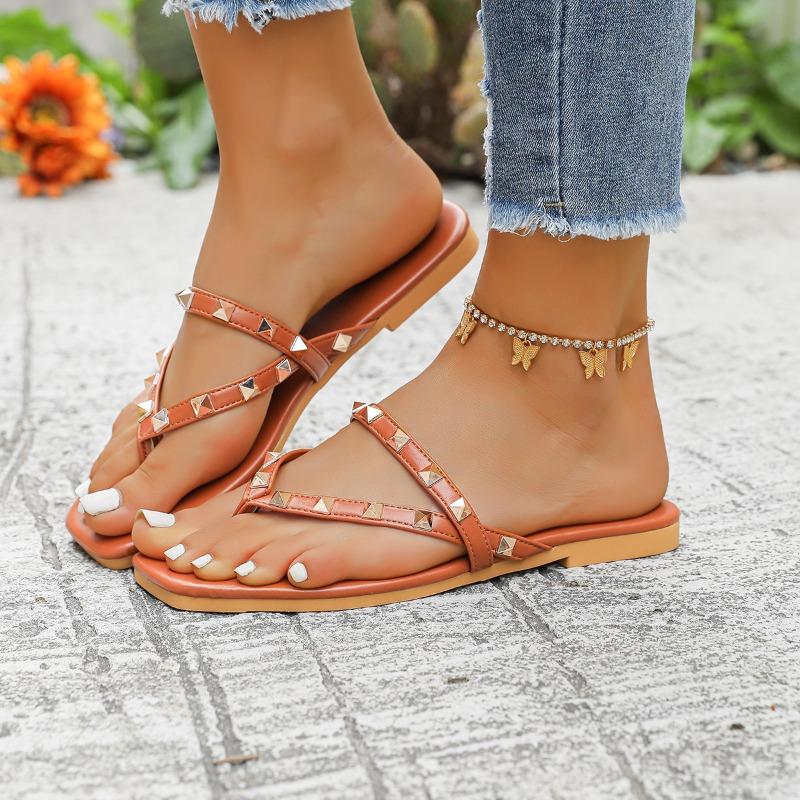Women's Summer Flat Square-Toe Thong Slide Sandals With Stud Detail, Beach Casual Footwear, Available In Large Sizes.