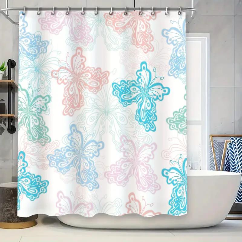 

Butterfly Shower Curtain Floral Design Bath Room Decor Waterproof Print Black Rod Pocket White Blue Pink Color Shelves Caddies F W60H190(CM)-1 Pcs