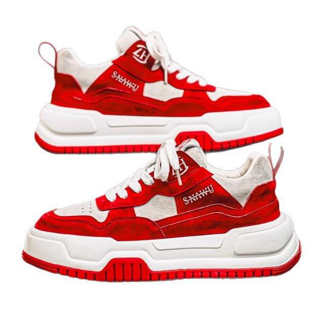 Men's 2025 Spring Korean Style Red Fashion Casual Thick-Soled Height-Increasing High-End Sports Shoes for Teenagers.