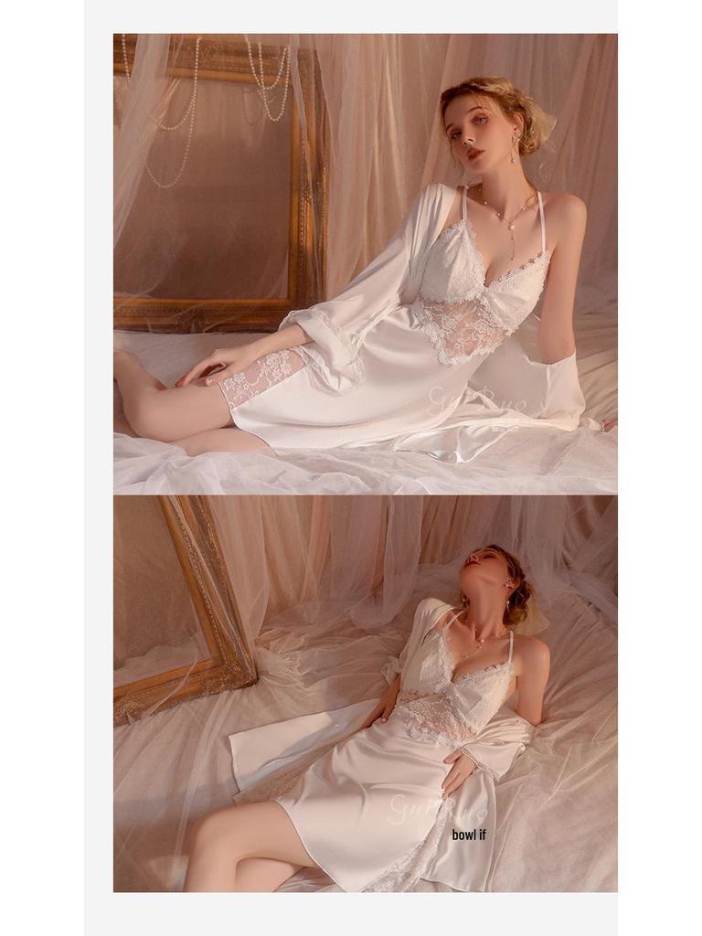 Satin Backless Lace Nightgown with Padded Deep V & Tie-Waist Robe Set