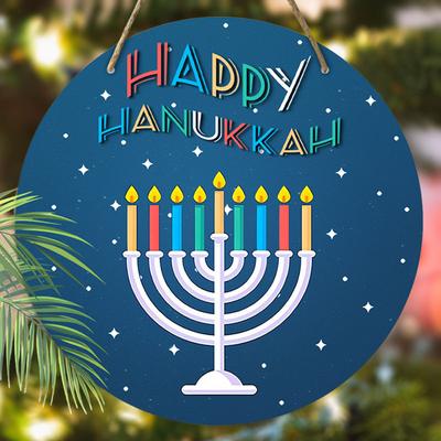 Happy Hanukkah Wooden Sign Nine Branch Menorah Pattern Plaque Hanukkah Pendant Suitable for Indoor and Outdoor Creative Wooden Board Painting