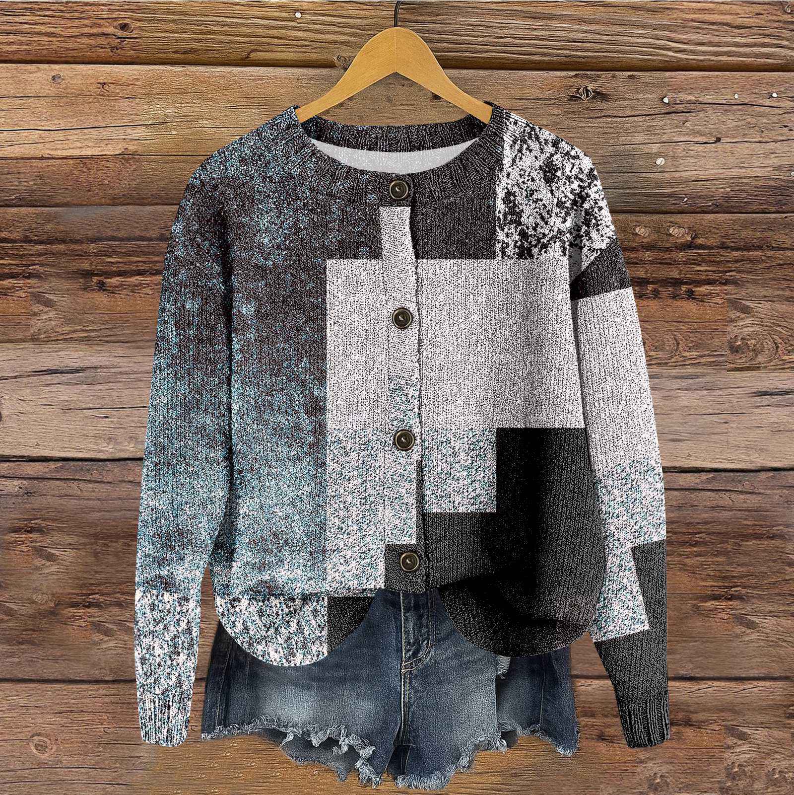 

Женский винтажный вязаный кардиган на пуговицах с винтажным принтом XXL чёрный