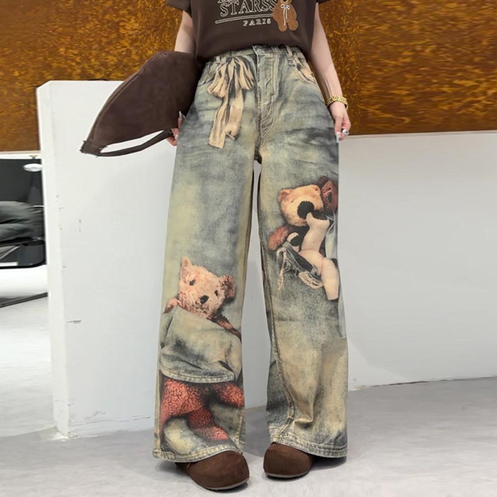 Women's High Waist Wide Leg Jeans Loose Fit Teddy Bear Print Vintage Washed Denim Pants Y2K Streetwear Casual Trousers