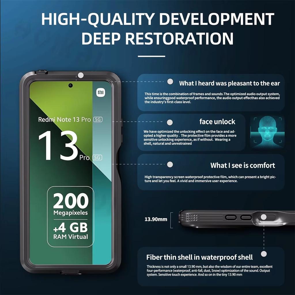 Custodia impermeabile di lusso IP68 a 360° per Xiaomi Redmi Note 13 12 Pro 5G, antipolvere e anticaduta, per Redmi Note 13 Pro 5G.