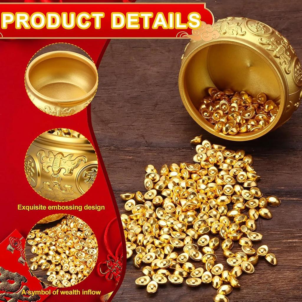 Golden Treasure Basin with 400pcs Ingot Yuan Bao Good Luck Wealth Prosperity Figurine for Home Office Decor Housewarming Gift