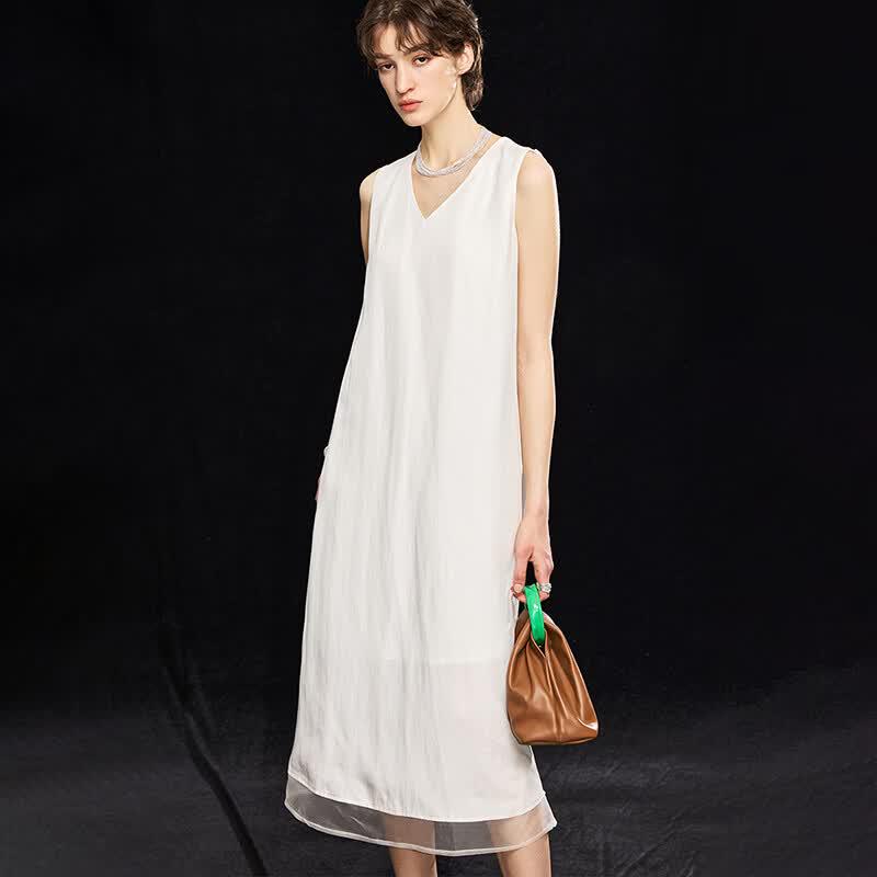 Elegant Tencel Blend V-Neck Sleeveless Maxi Dress