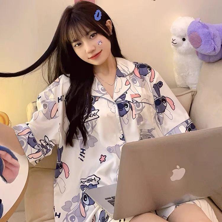 Pyjama en soie glacée pour femme en été à manches courtes, ample et luxueux, ensemble de vêtements de maison fins