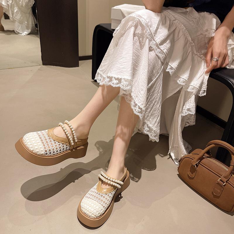 New Mesh Outer Wear Shoes Summer One Pedal Lazy Sandals Mary Jane Shoes Women's Bag Head Half Slippers 2025 Thick Sole