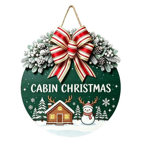 Decorative Pine Cone Sign Christmas Wooden Welcome for Front Door, Round Hanging Ornament with Solid Wood Plate Artificial Branches & Bow Decor