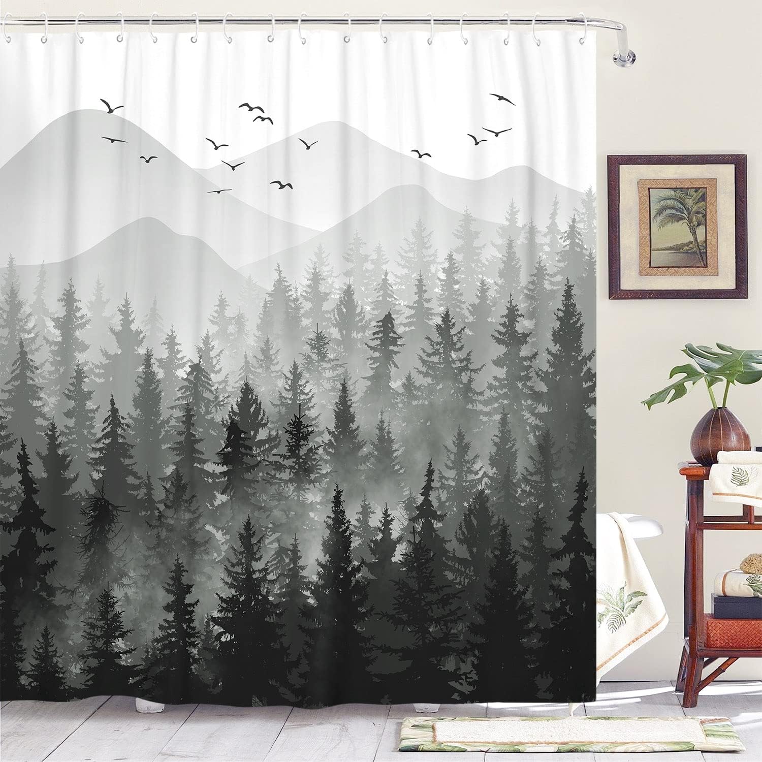 

Misty Forest Shower Curtain Green Blue Watercolour Nature Tree Mountain Forest Printed Polyester Shower Curtains Bathroom Decor W60H190(CM)-1 Pcs