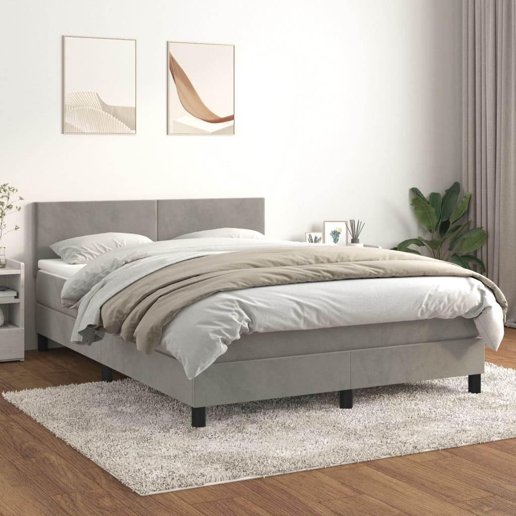 Box Spring Bed with Mattress Light Grey 140 X 200 Cm Velvet