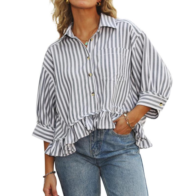 European and American women's clothing fashion commuter striped lace hem loose shirt five-quarter sleeve shirt