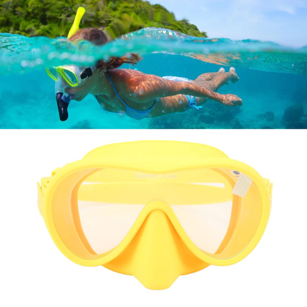 Scuba Diving Goggles Anti Fog Tempered Glass Snorkeling Dive Mask with Silicone Strap Foldable Panoramic View Swim Goggles Yellow