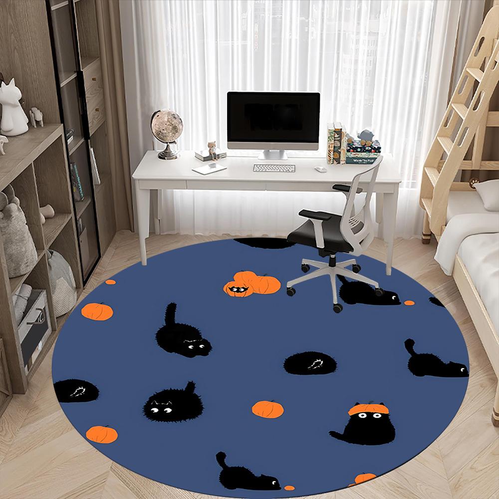1pc Pumpkin Cats Office Round Area Rug, Under Office Chairs Bedroom Living Room Home Decor, Room Deco, Available in Various Sizes
