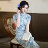 Blue National Style New Chinese Long Cheongsam Improved Young New Women's High-end Short Sleeves Daily Summer