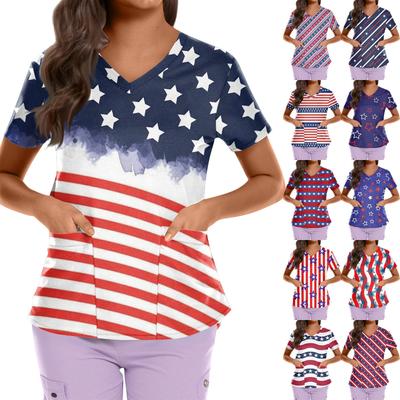 Übergröße Bedrucktes Scrub Arbeitsuniform Oberteil für Damen V-Ausschnitt Independence Day Print Kurzarm Lustige T-Shirts Arbeitskleidung T-Shirt mit Taschen