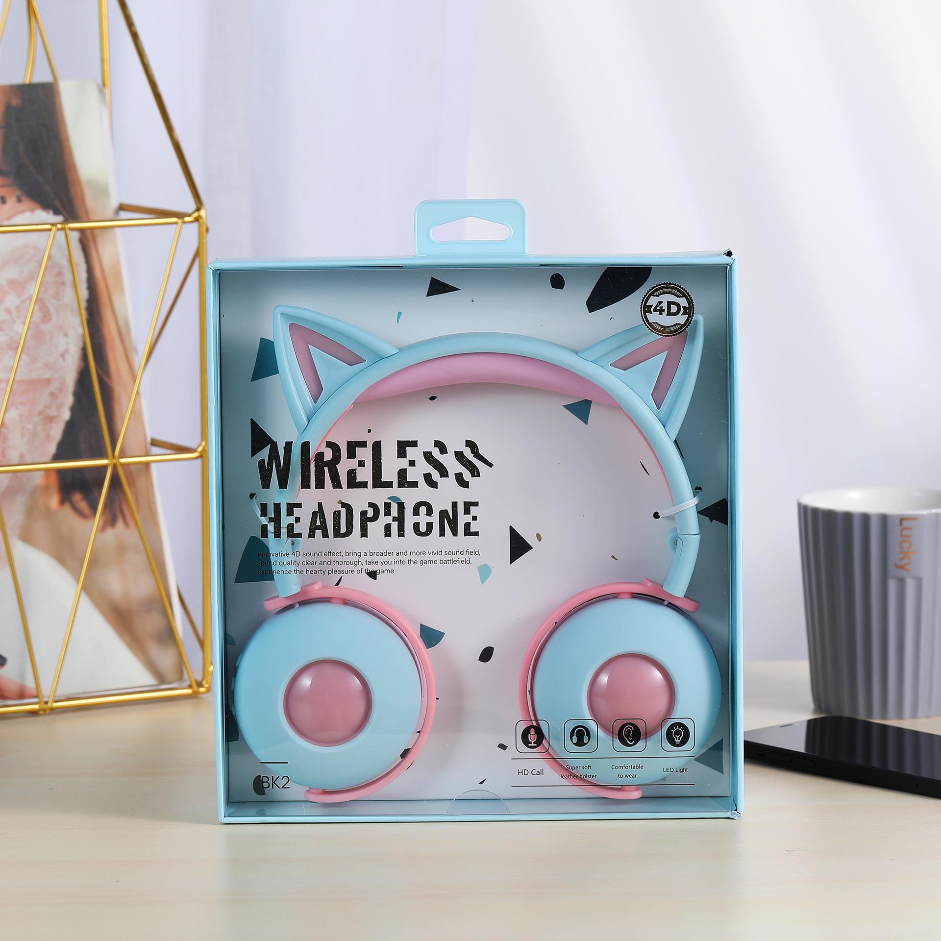 

2025 BK2 Cat Ear LED Light Wireless Bluetooth Headphones – Foldable, Long Battery Life