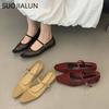Fashion SUOJIALUN 2025 Autumn Women Red Flat Shoes Fashion Mesh Square Toe Shallow  Mary Jane BalletShoes Outdoor Soft Dress Single Shoe