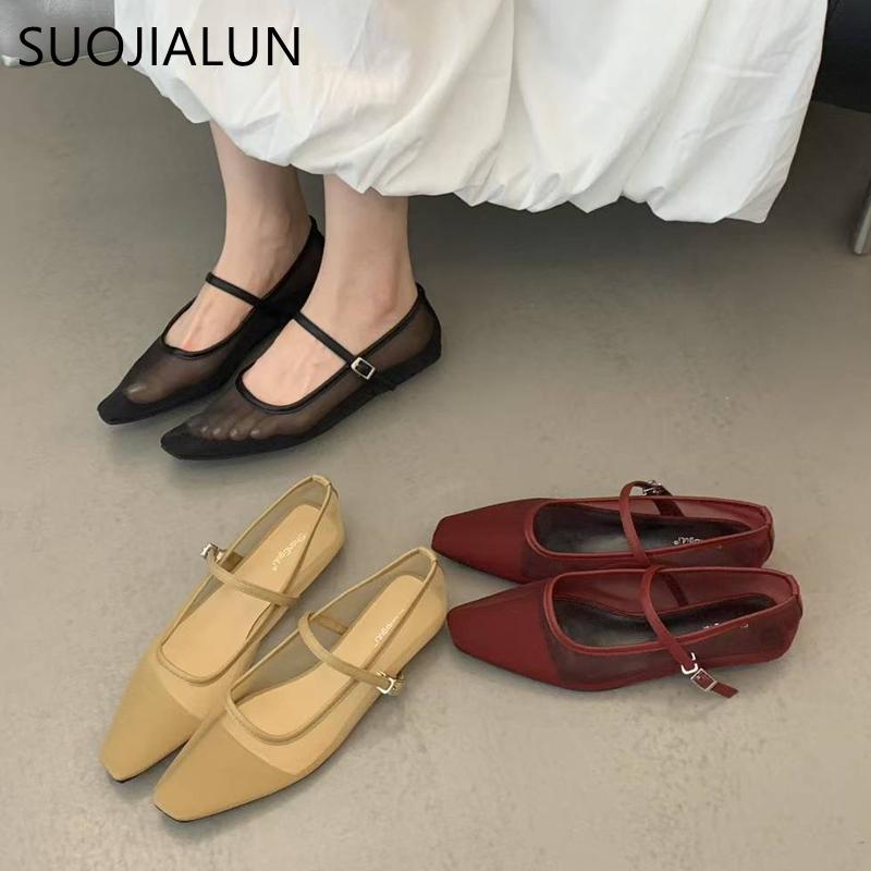 Fashion SUOJIALUN 2025 Autumn Women Red Flat Shoes Fashion Mesh Square Toe Shallow Mary Jane BalletShoes Outdoor Soft Dress Single Shoe