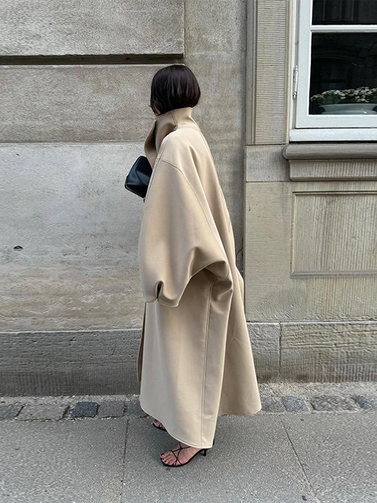 2025 Autumn/Winter Women's Batwing Sleeve Long Loose Coat with Small Stand Collar