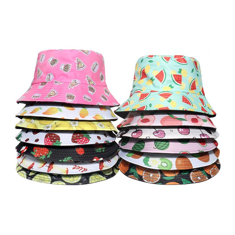 Unisex Vegetables Fruits Print Bucket Hats For Women Girls Summer Double-Sided Foldable Panama Sun Hat Fruit Bob Fisherman Caps