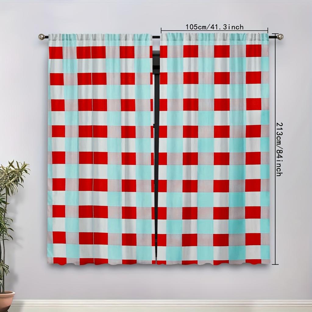 Set Of 2 Classic Curtains Red White Checkered Pattern Fresh Light Blue Background Clean Lines Refined Quality Curtain Polyester
