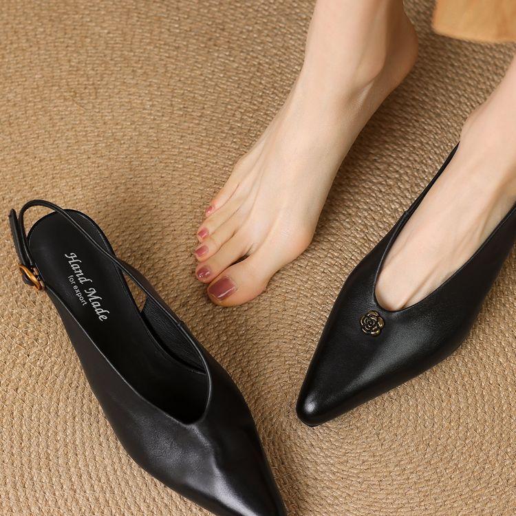 New elastic band high heels women's shoes thick heel bag head empty single shoes full leather black work small leather shoes comfortable