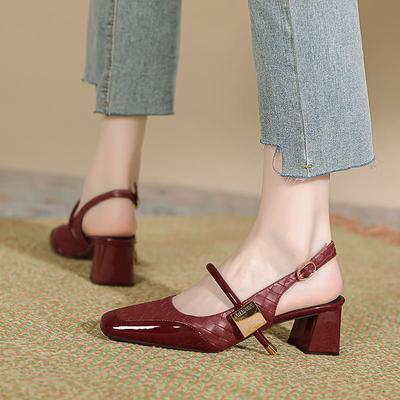 Fashion Women Pu Leather Thick Heeled Sandals Female Summer Elegant Square Toe Ladies Luxury Thick Heeled Outdoor Party Sandalias Mujer