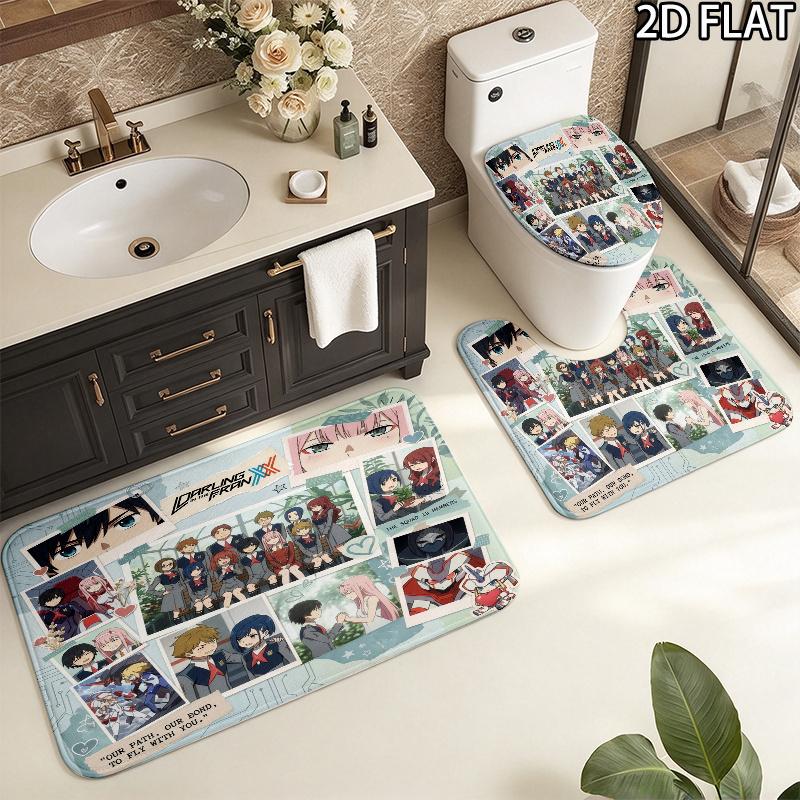 Franxx Collage 3Pcs Flannel Toilet Mat Set Bathroom Rug Bath Carpet Non Slip Home Decor Toilet 3 Pcs Bathroom Textile Set
