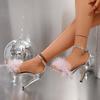 Four Seasons Sexy Feather High Heel Sandals Large Size Pink Round Head One-word Buckle Fashion Thin Heel Sandals Women