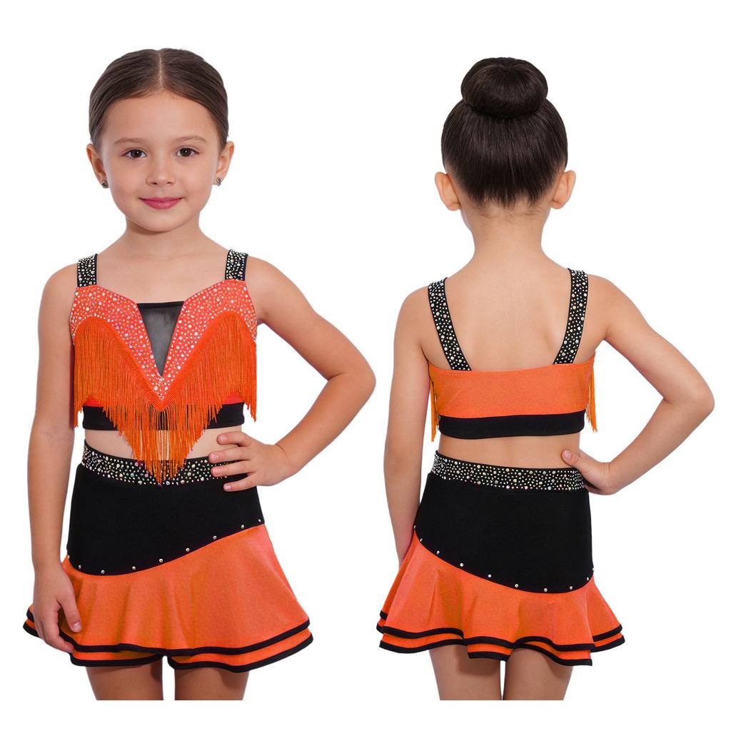 Kinder Mädchen Farbblock Latin Dance Crop Top Breite Schulterträger Quasten Strasssteine mit elastischem Bund Rock für Tango Rumba Gesellschaftstanz Performance