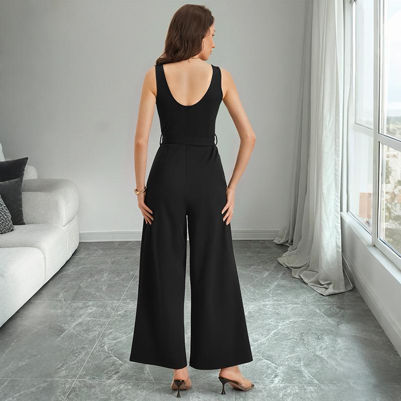 VEZFAA Women's Fashiaon Casual Summer Spring Colour Block Print Sleeveless V-Neck High Waist Trousers Jumpsuits & Rompers